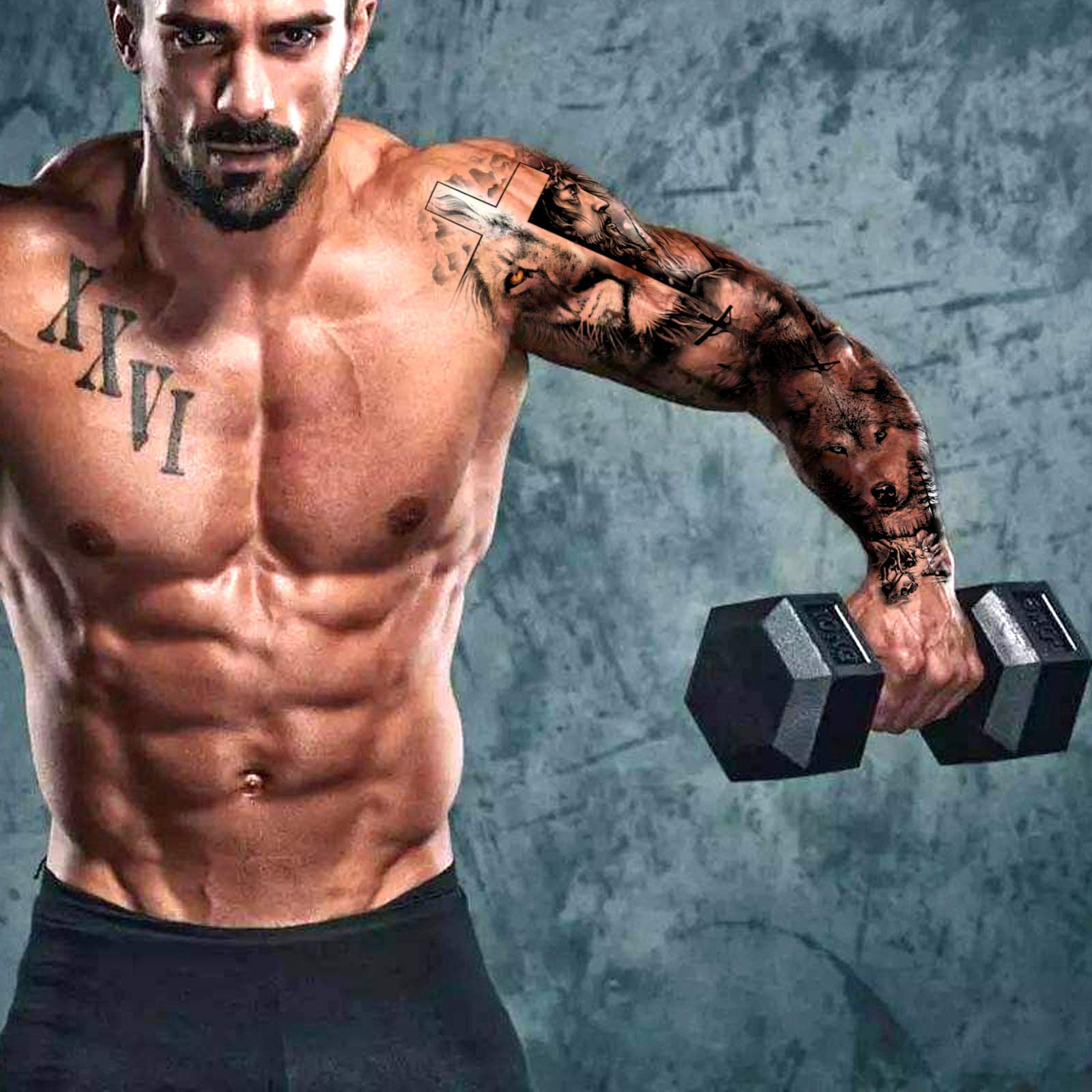 howaf-full-arm-tempor-re-tattoos-8-bl-tter-wolf-l-we-wasserdicht image 7