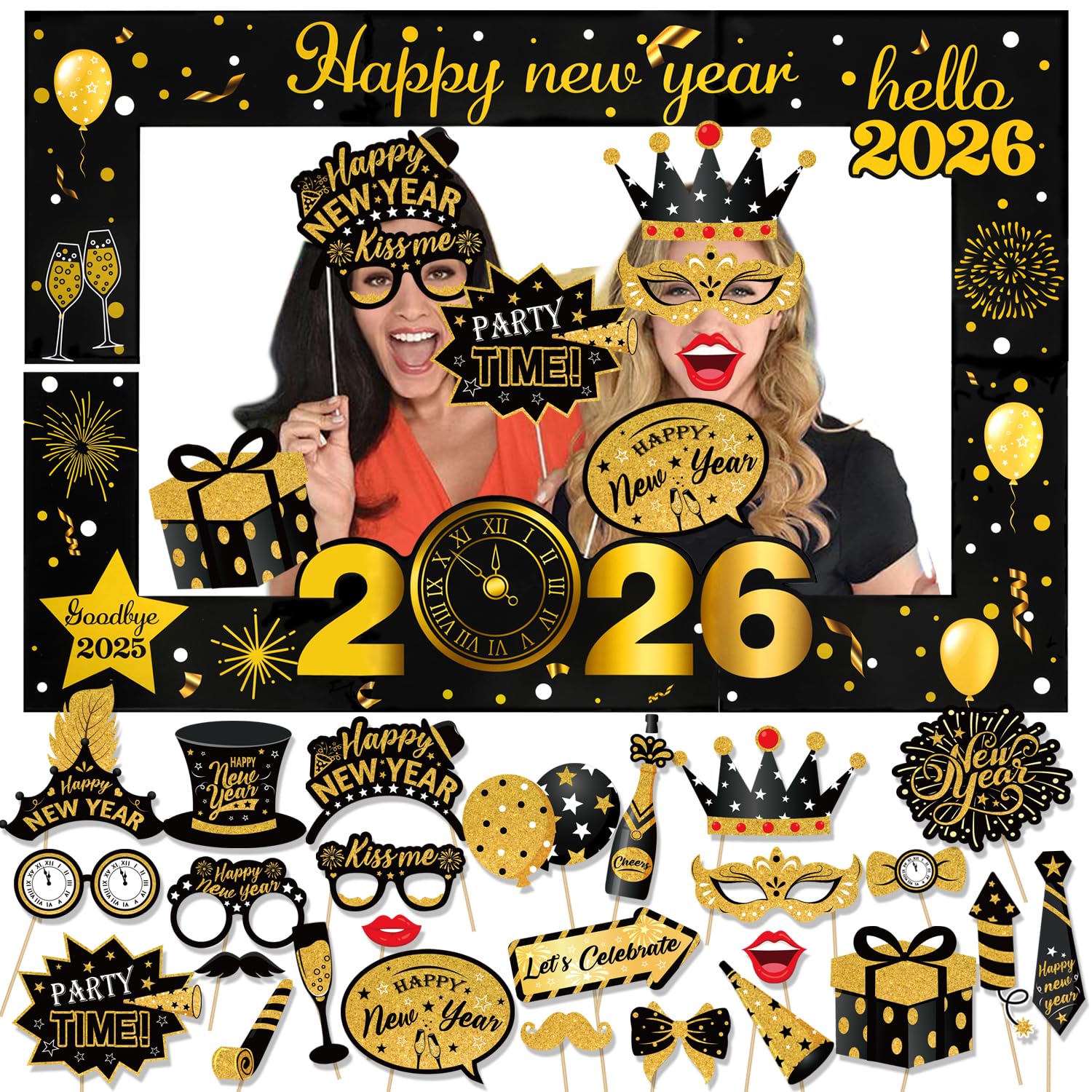 howaf-photo-booth-props-silvester-fotorequisiten-stil-b-26-teilig-mit-rahmen image 1