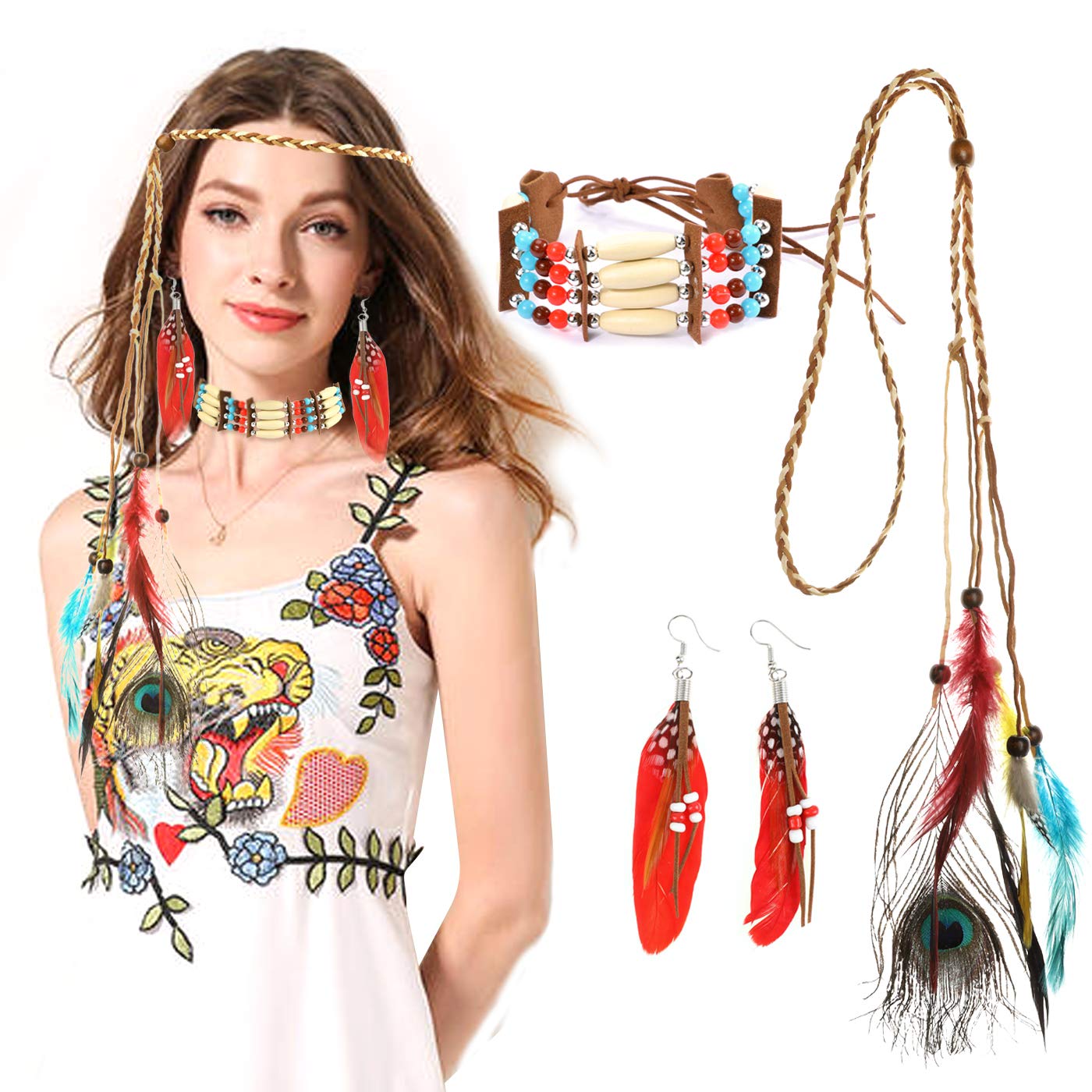 howaf-indianer-stirnband-federn-kopfschmuck-boho-set-mit-kette image 2