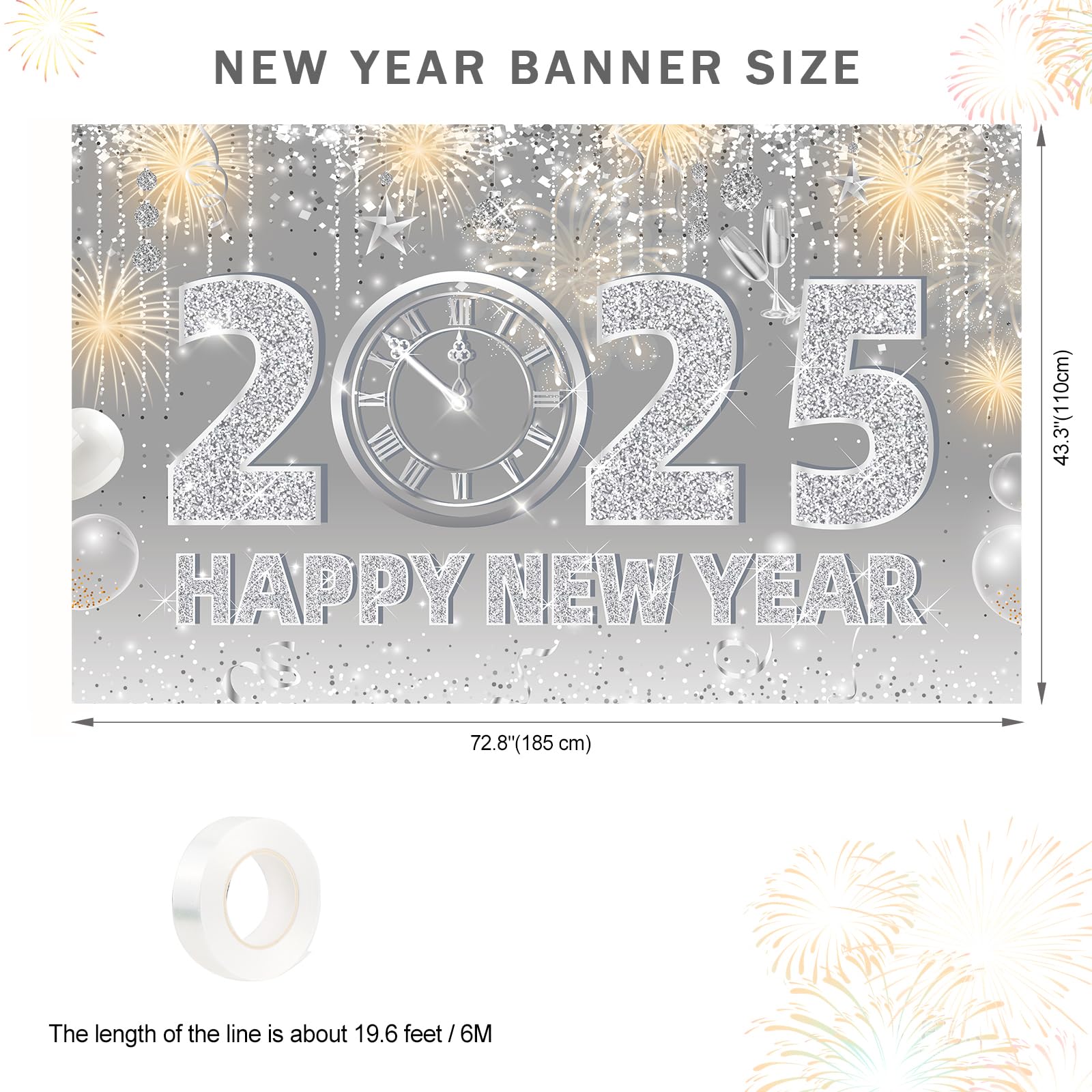 howaf-happy-new-year-banner-stoff-185x110cm-silber-2025 image 2