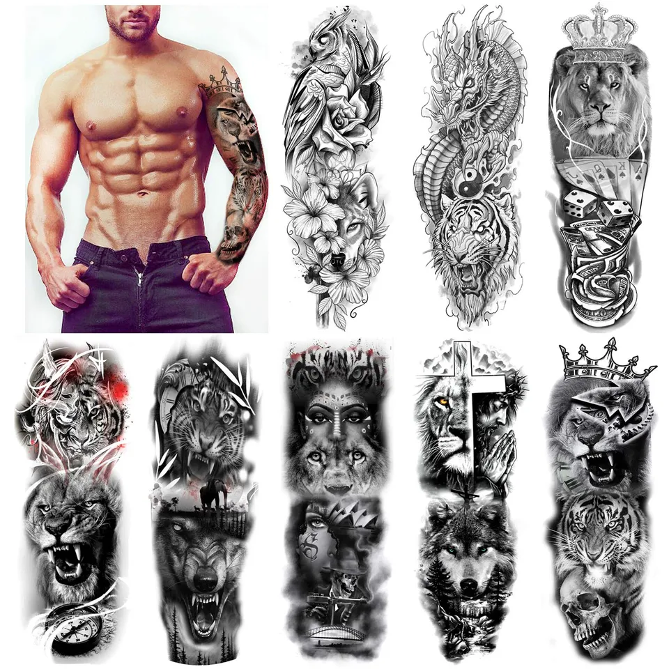 howaf-full-arm-tempor-re-tattoos-8-bl-tter-wolf-l-we-wasserdicht image 1