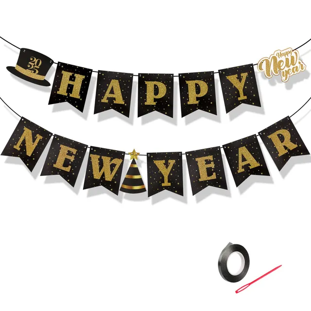 howaf-frohes-neues-jahr-banner-schwarz-gold-glitzer-deko image 1