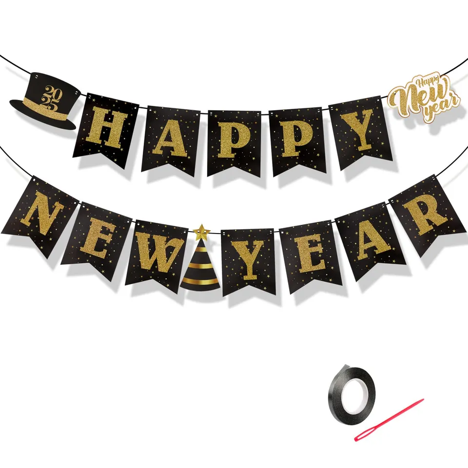howaf-frohes-neues-jahr-banner-schwarz-gold-glitzer-deko image 1