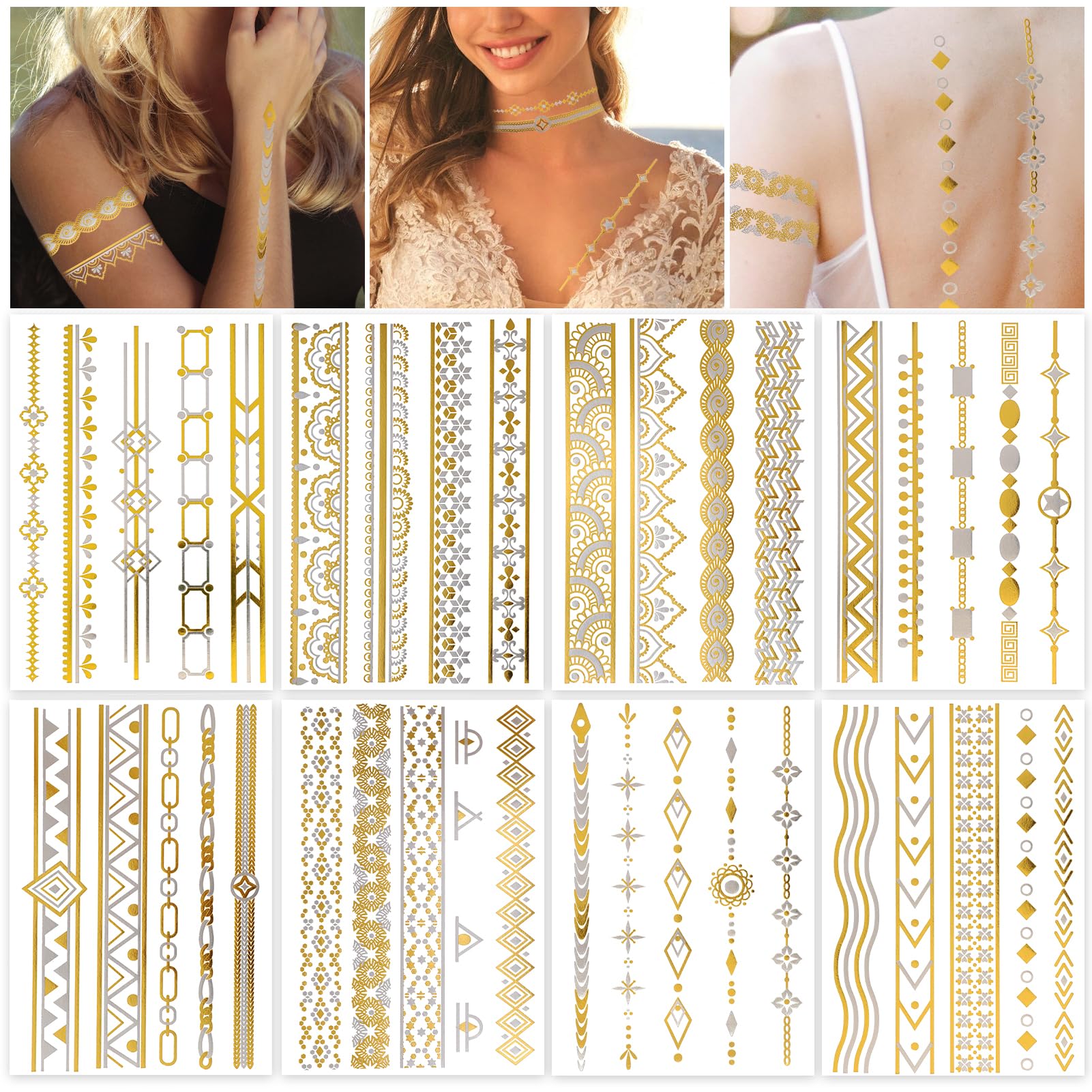 howaf-temporary-tattoos-gold-tempor-re-tattoos-metallic-glitzer-8-bl-tter image 1