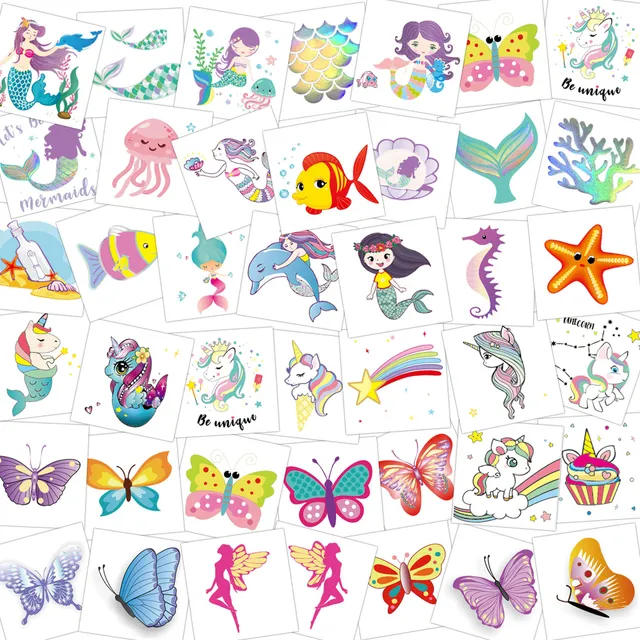 howaf-glitzer-tattoo-kinder-einhorn-meerjungfrau-80er-set image 1