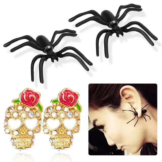 howaf-halloween-ohrringe-spinne-rose-skull-2-paar-ohrstecker image 1