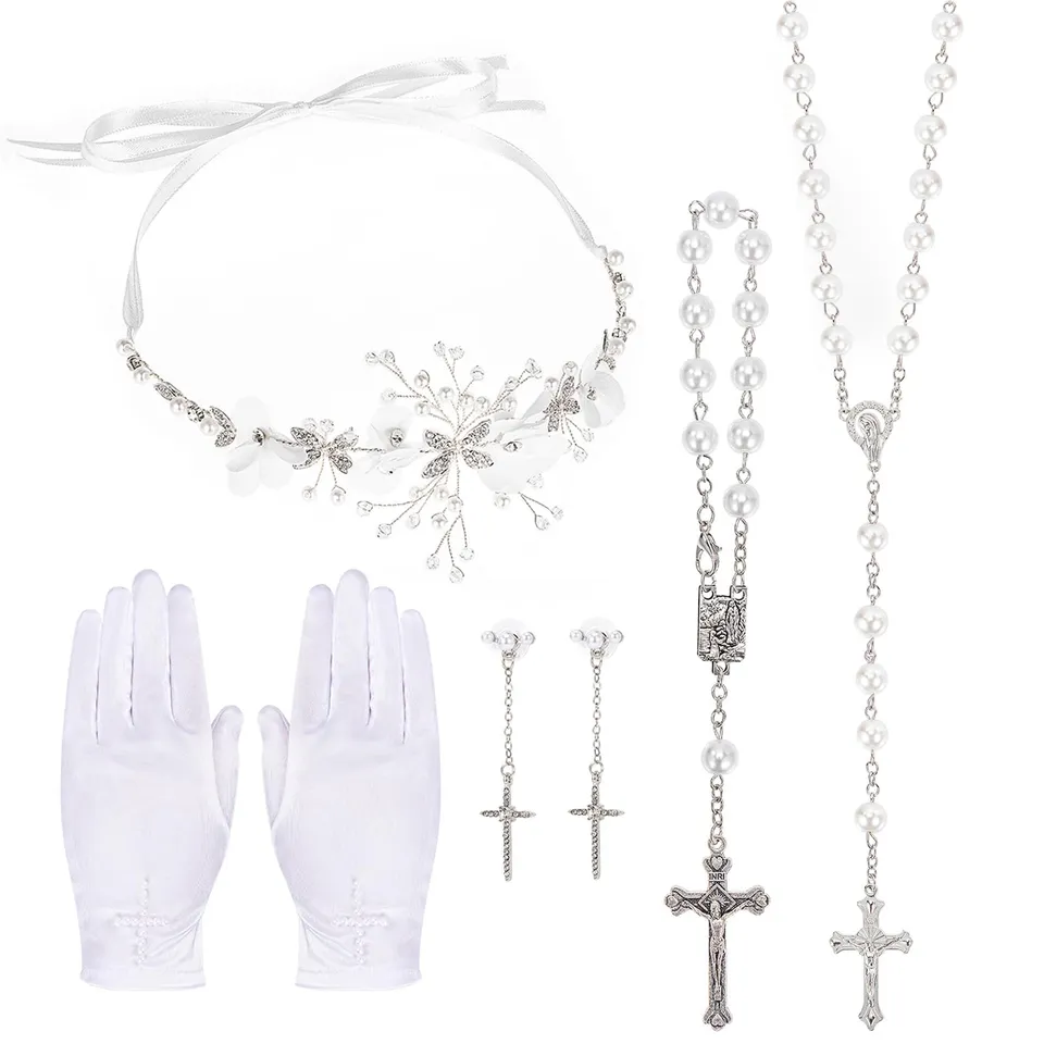 howaf-kommunion-schmuckset-haarkranz-handschuhe-5-teilig-wei-perle image 1
