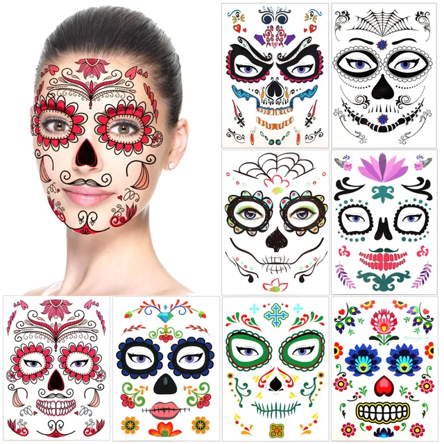 howaf-temporary-tattoos-halloween-gesichtstattoo-8-bl-tter-totenkopf image 1