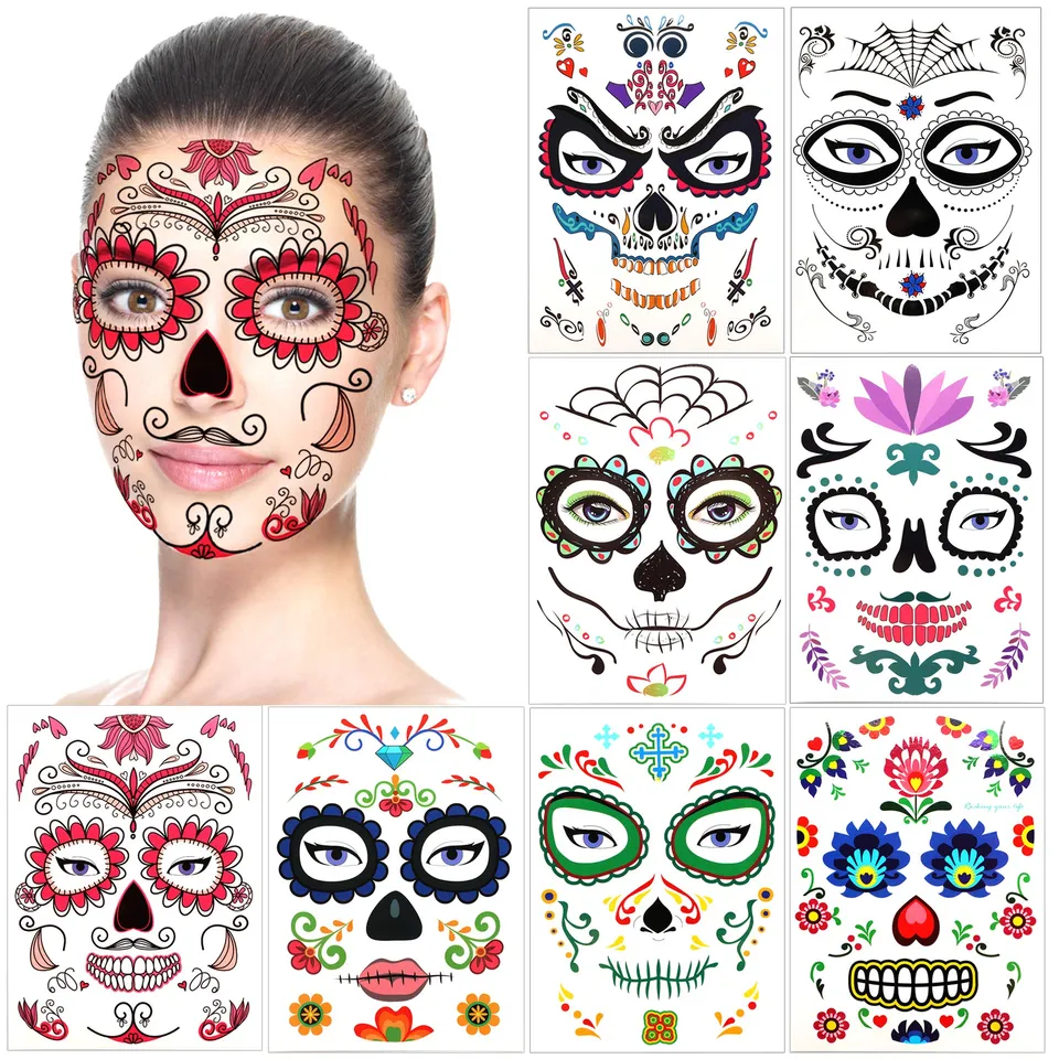 howaf-temporary-tattoos-halloween-gesichtstattoo-8-bl-tter-totenkopf image 1