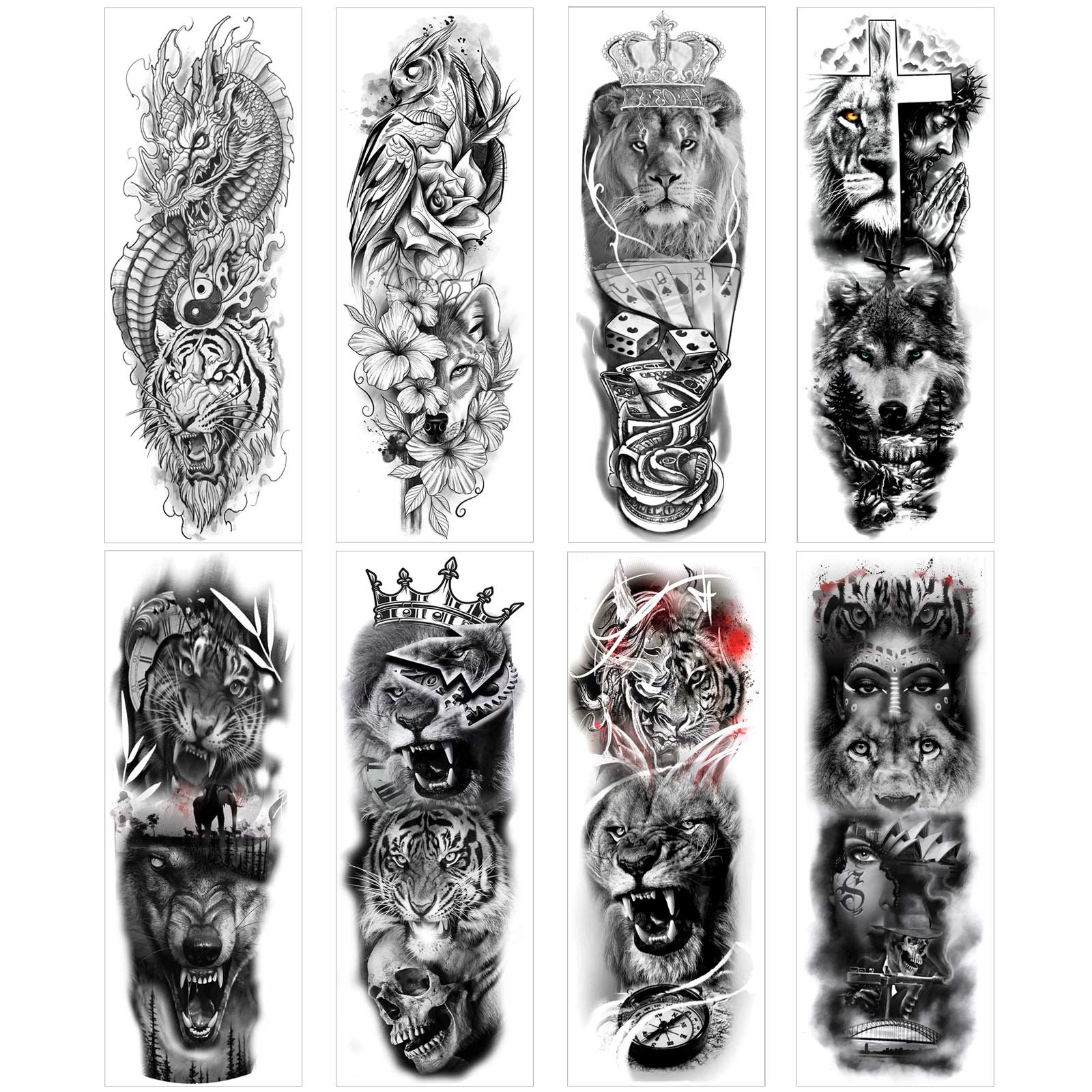 howaf-full-arm-tempor-re-tattoos-8-bl-tter-wolf-l-we-wasserdicht image 2
