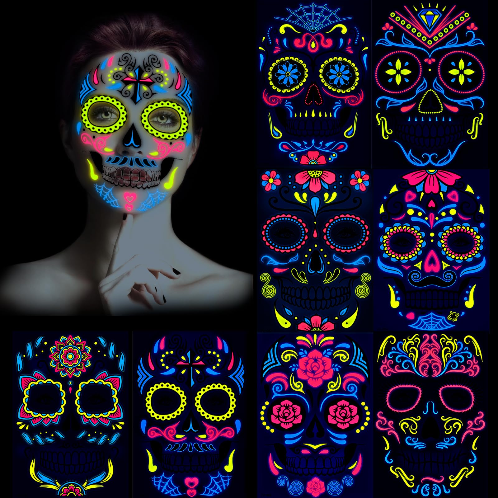 howaf-temporary-tattoos-halloween-gesicht-neon-8-blatt image 1
