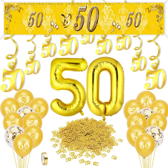 howaf-goldene-hochzeit-deko-set-gold-zahl-50-mit-ballons image 1