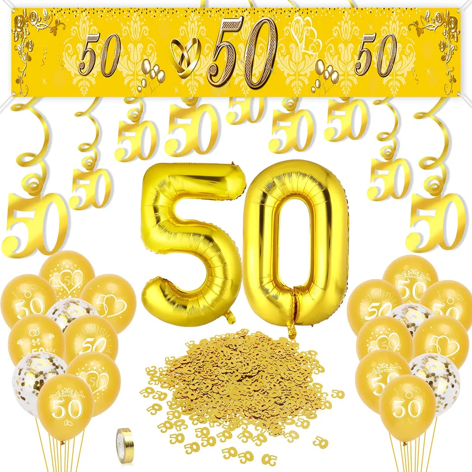 howaf-goldene-hochzeit-deko-set-gold-zahl-50-mit-ballons image 1