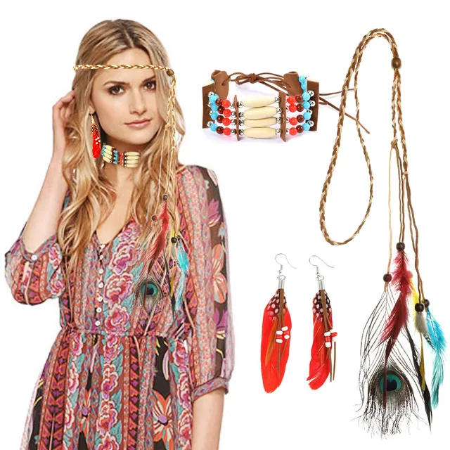 howaf-indianer-stirnband-federn-kopfschmuck-boho-set-mit-kette image 1