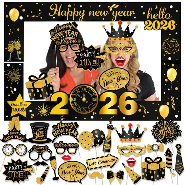 howaf-photo-booth-props-silvester-fotorequisiten-stil-b-26-teilig-mit-rahmen image 1