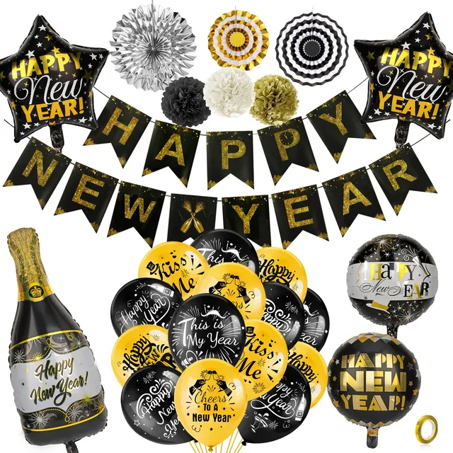 howaf-silvester-deko-2025-set-schwarz-gold-54-teilig image 1