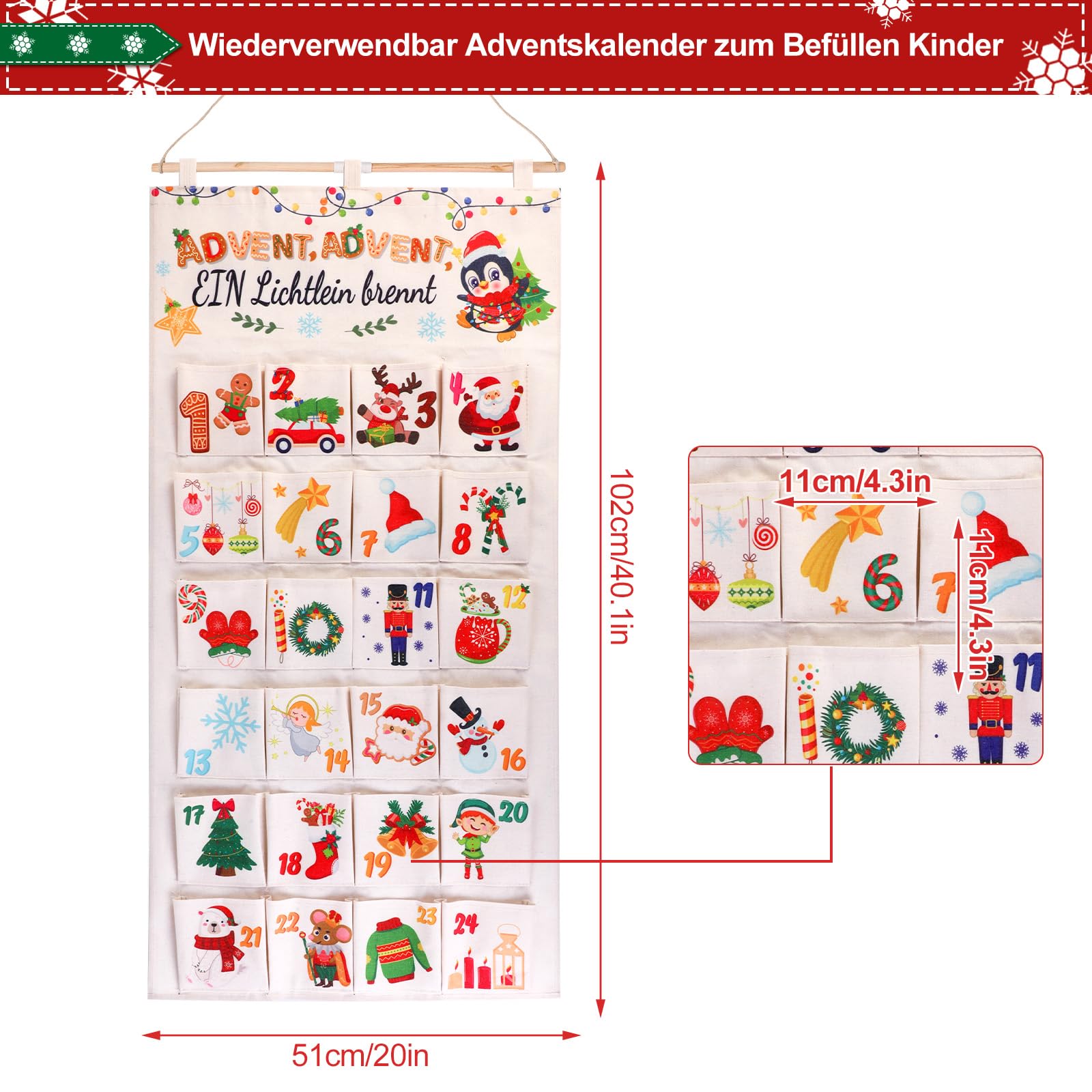 howaf-adventskalender-stoff-wandkalender-set-a-24-taschen-wiederverwendbar image 2