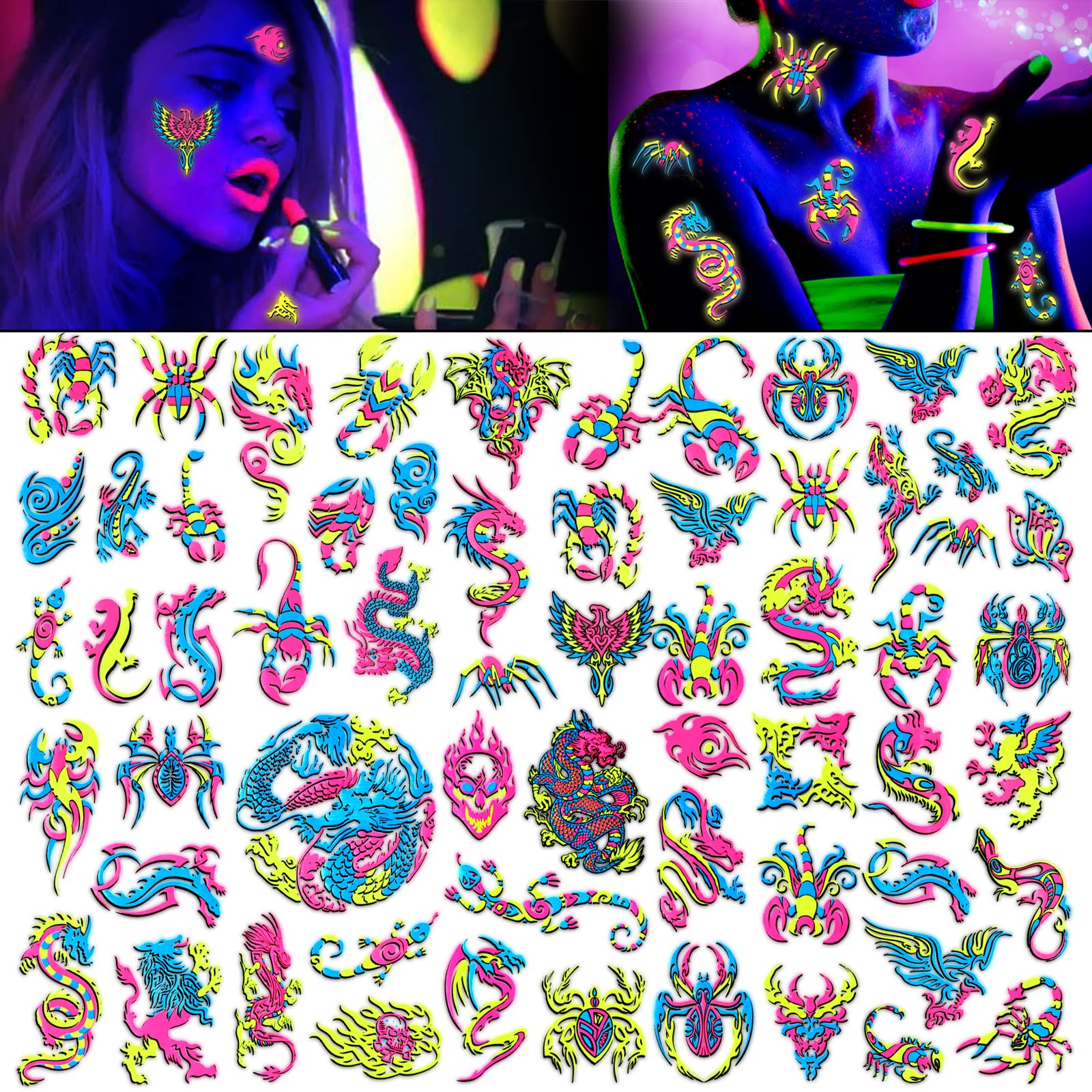 howaf-temporary-tattoos-neon-schwarzlicht-tattoo-10-blatt image 8