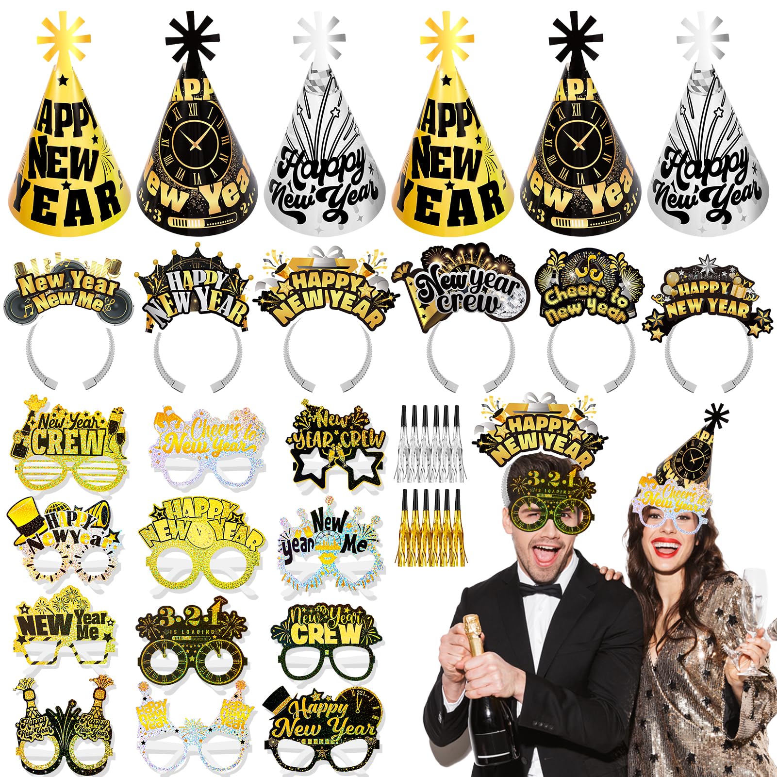 howaf-silvester-deko-2027-schwarz-gold-24-teilig-party-set image 1