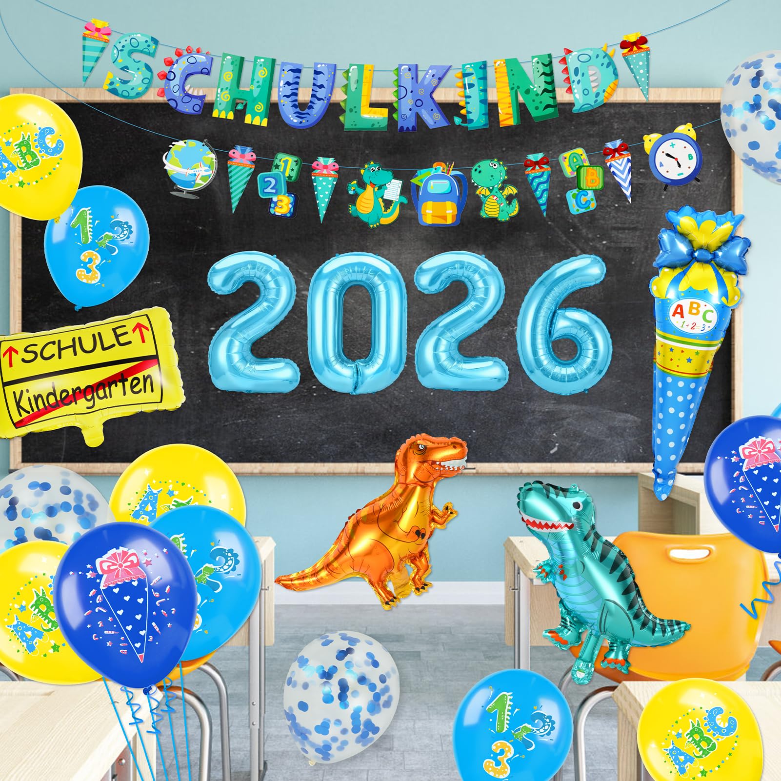 howaf-dino-einschulung-luftballons-blau-schulkind-banner-set image 6