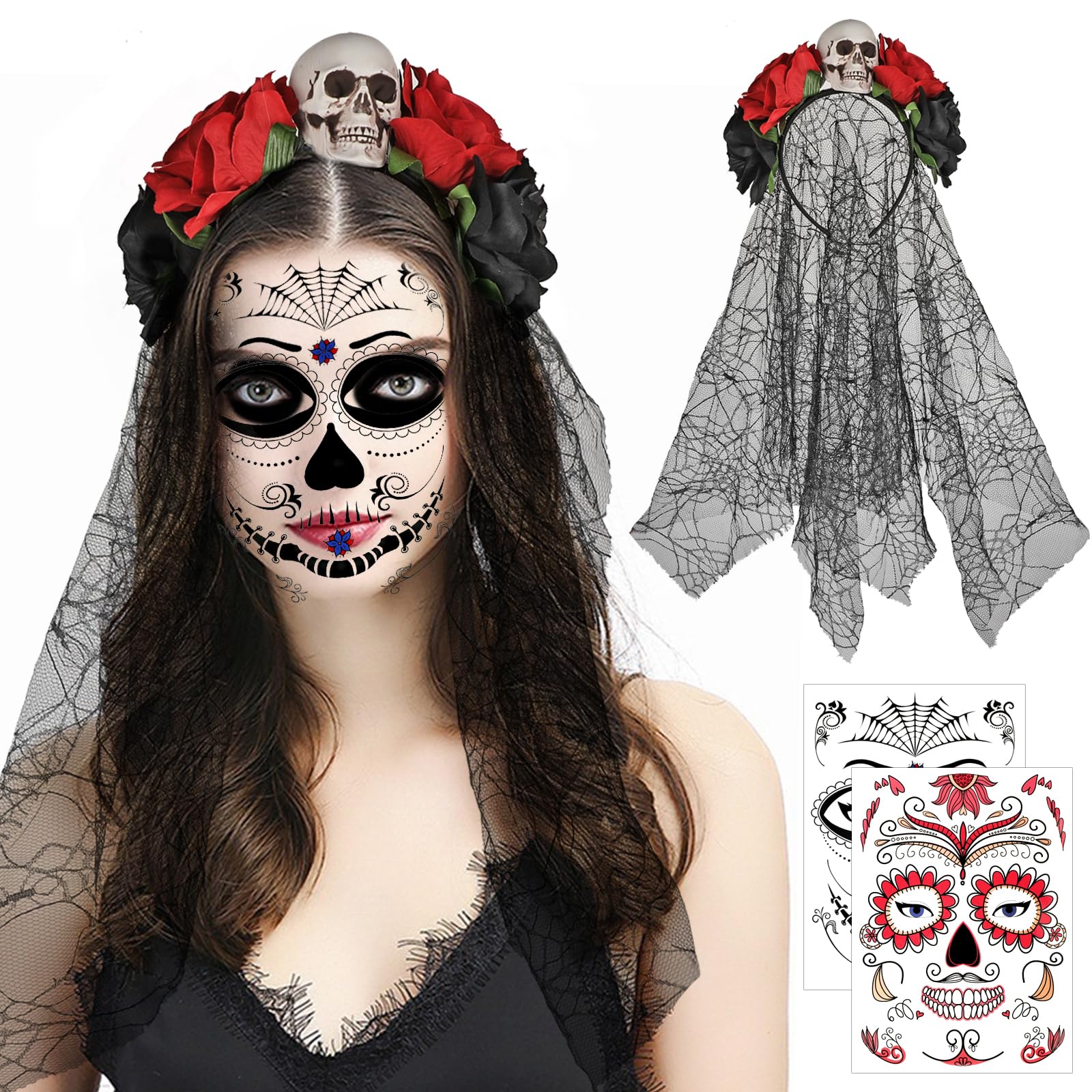 howaf-tag-der-toten-haarreif-schwarz-mit-schleier-und-tattoo image 1