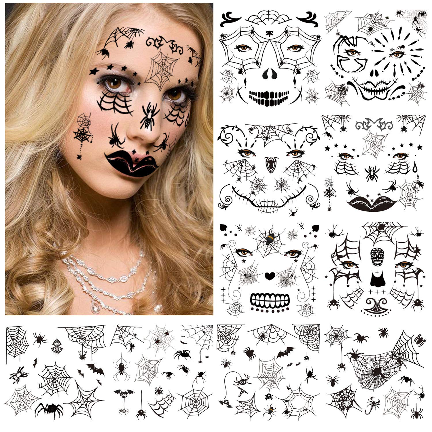 howaf-halloween-tattoo-spinne-10-blatt-tempor-r-gesicht image 2