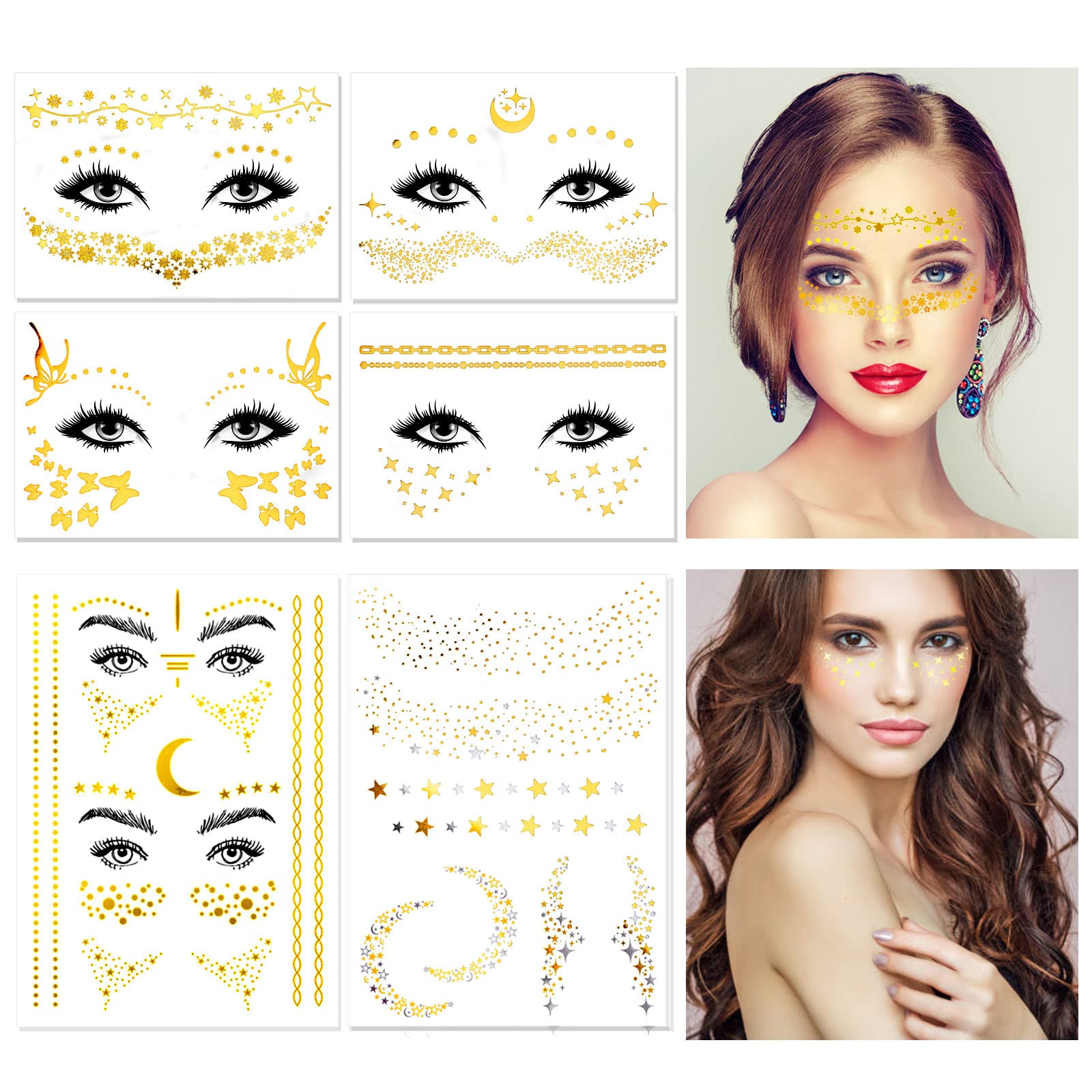 howaf-temporary-tattoos-gesichtstattoo-glitzer-gold-6-blatt-sterne image 1