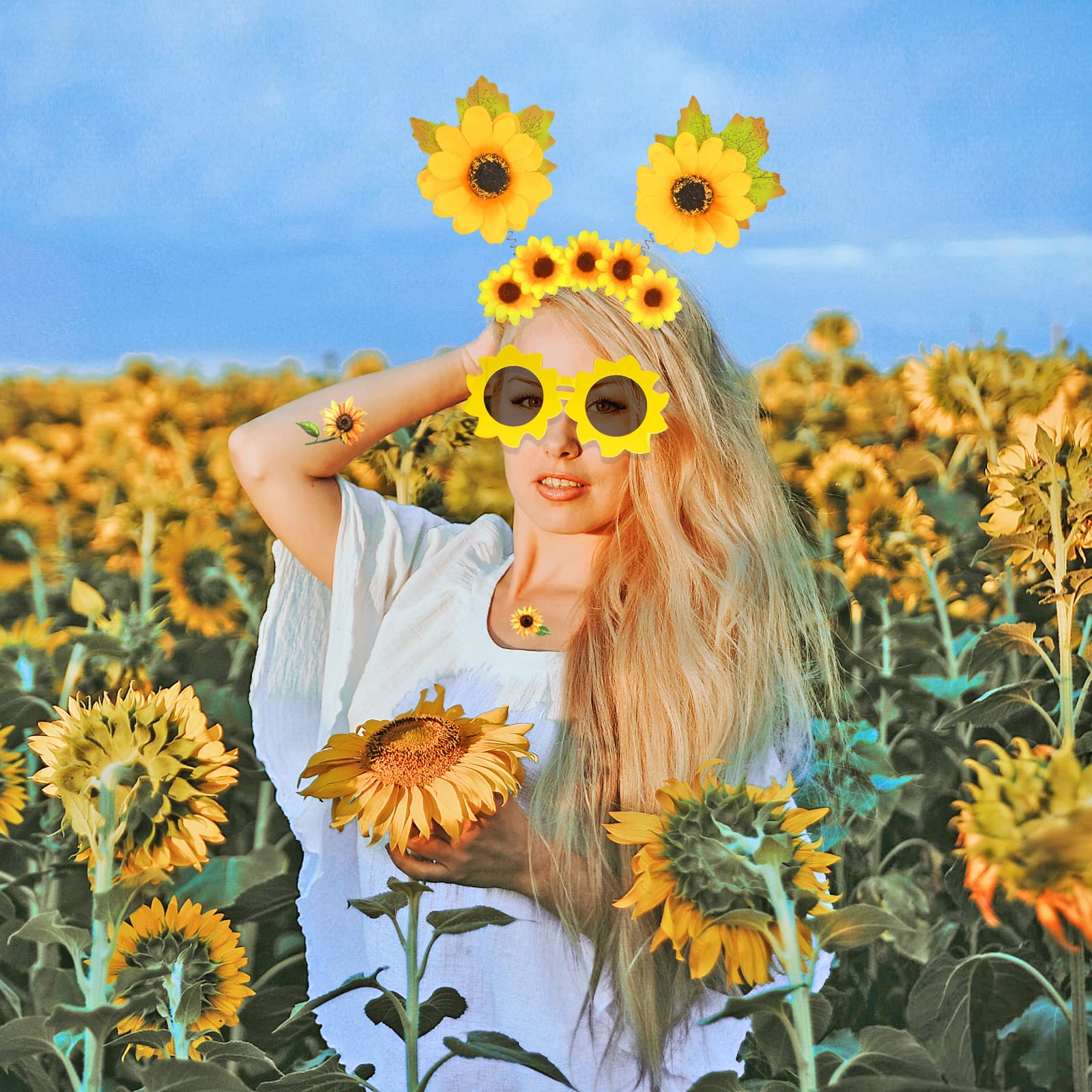 howaf-sonnenblumen-kost-m-set-damen-haarreif-brille-tattoos image 6