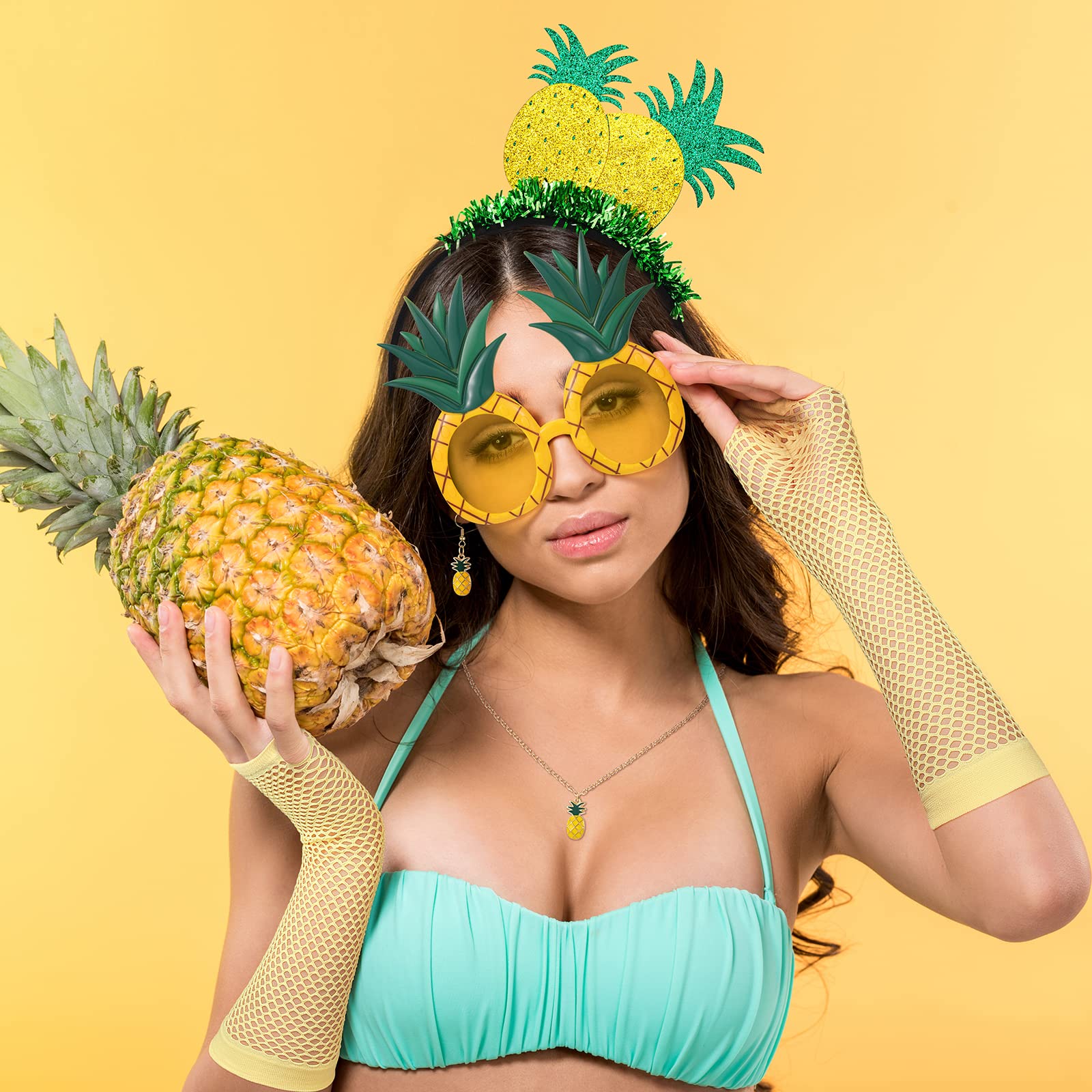 howaf-ananas-kost-m-damen-5tlg-haarreif-brille-handschuhe-gelb image 5