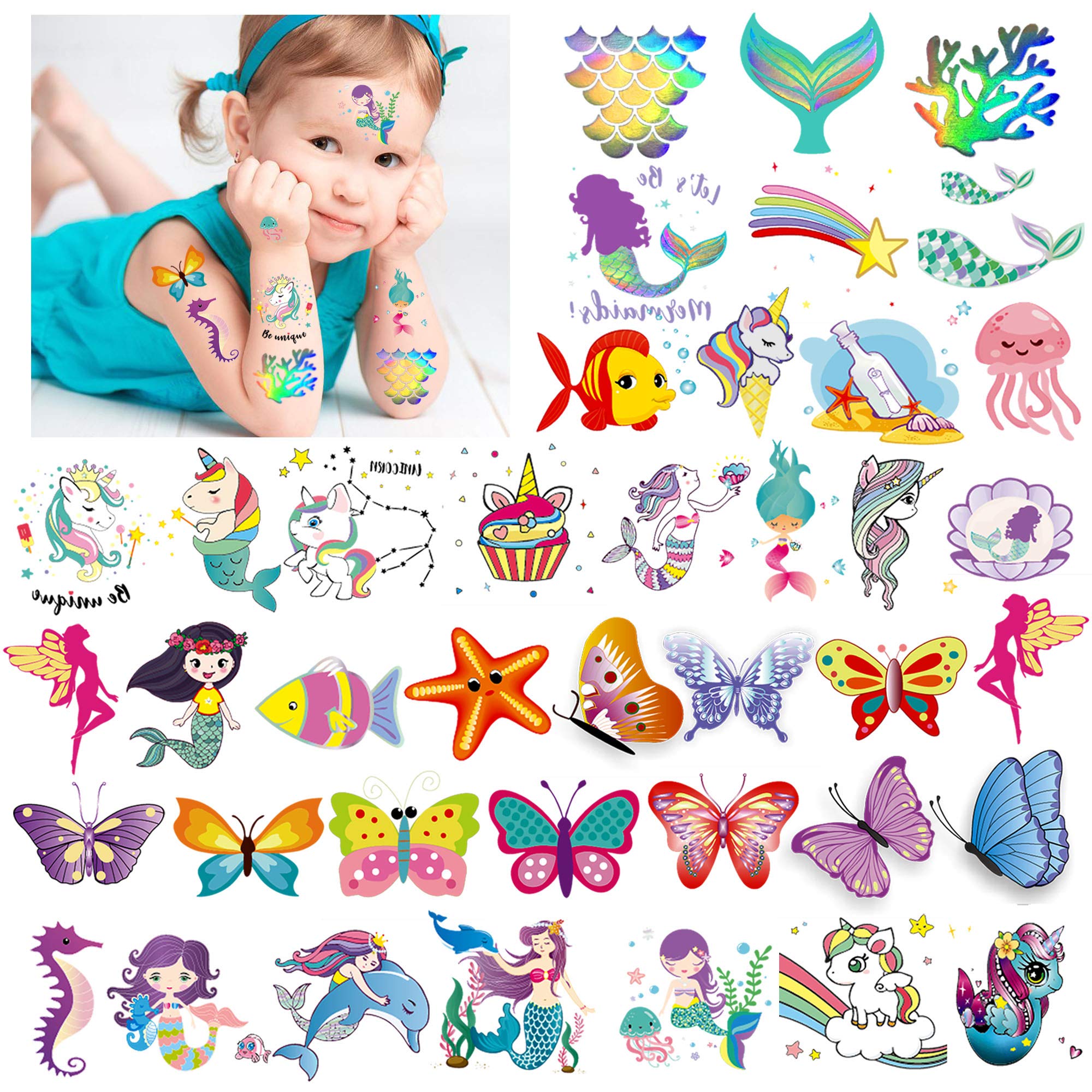 howaf-glitzer-tattoo-kinder-einhorn-meerjungfrau-80er-set image 2