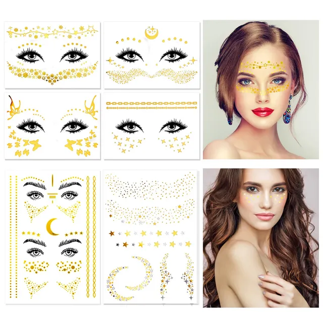 howaf-temporary-tattoos-gesichtstattoo-glitzer-gold-6-blatt-sterne image 1