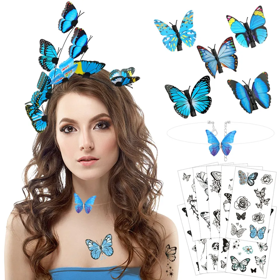 howaf-schmetterling-kost-m-damen-set-blau-haarreif-tattoos image 1