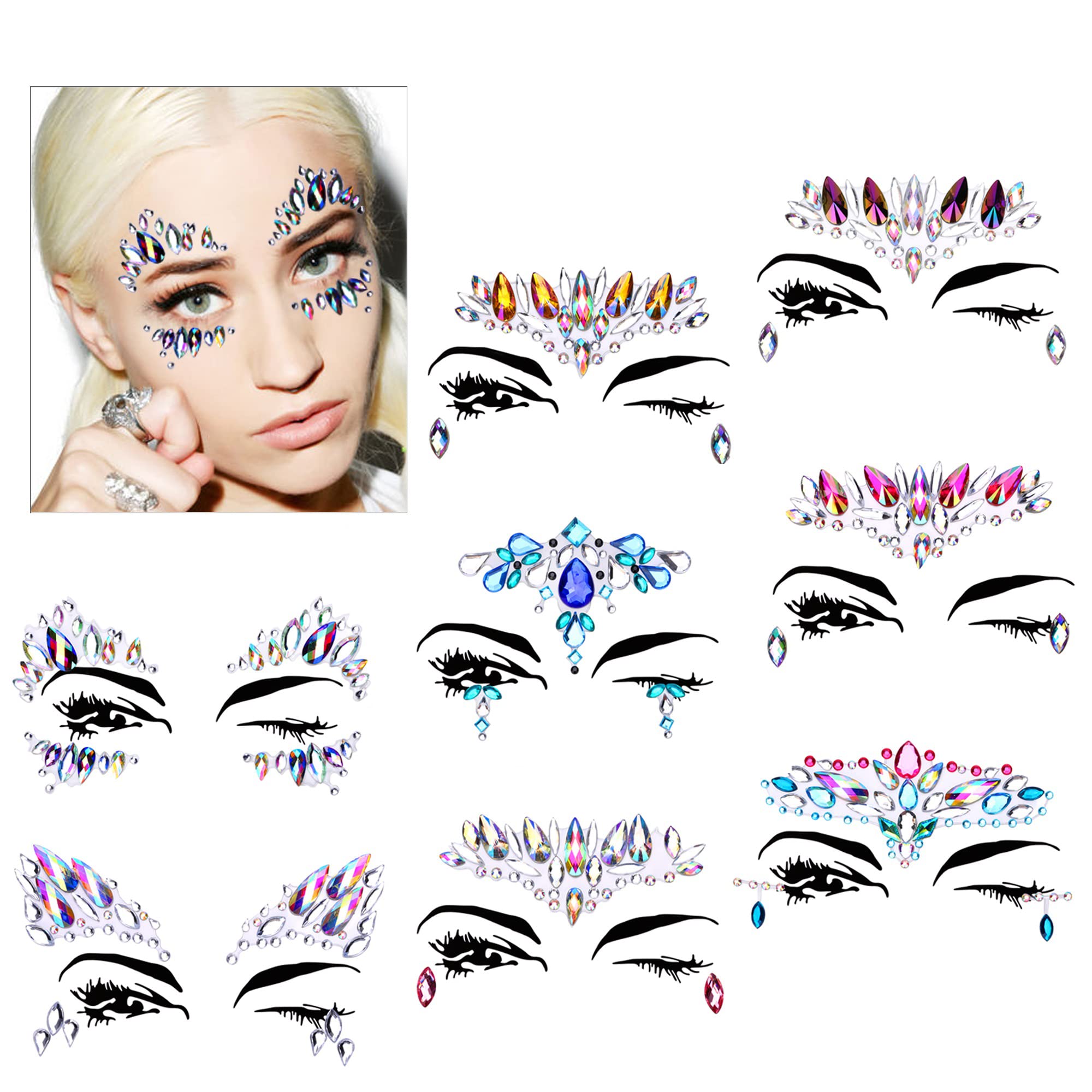 howaf-temporary-tattoos-gesicht-strasssteine-selbstklebend-8-st-ck-festival image 1