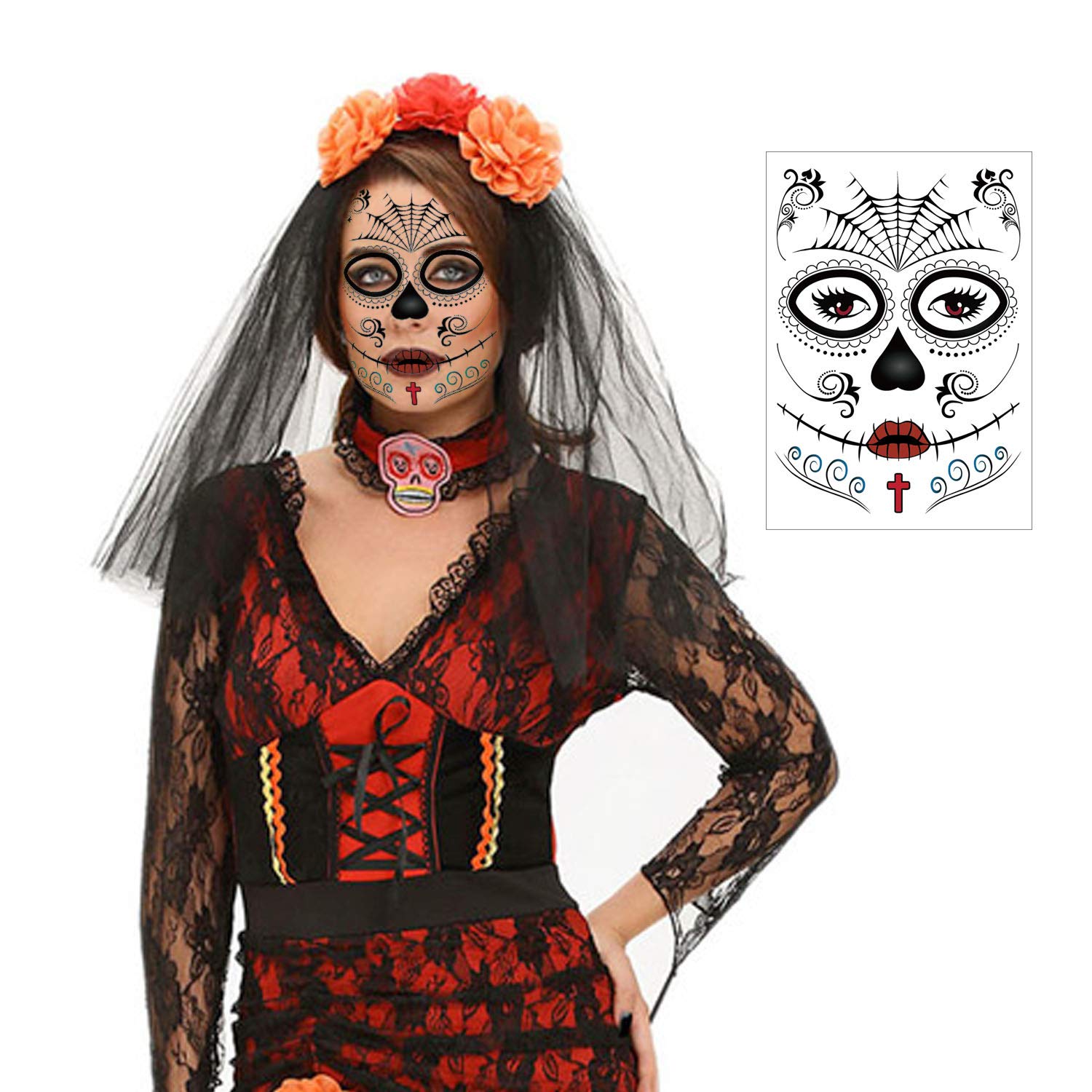 howaf-temporary-tattoos-halloween-gesicht-totenkopf-10-st-ck image 6
