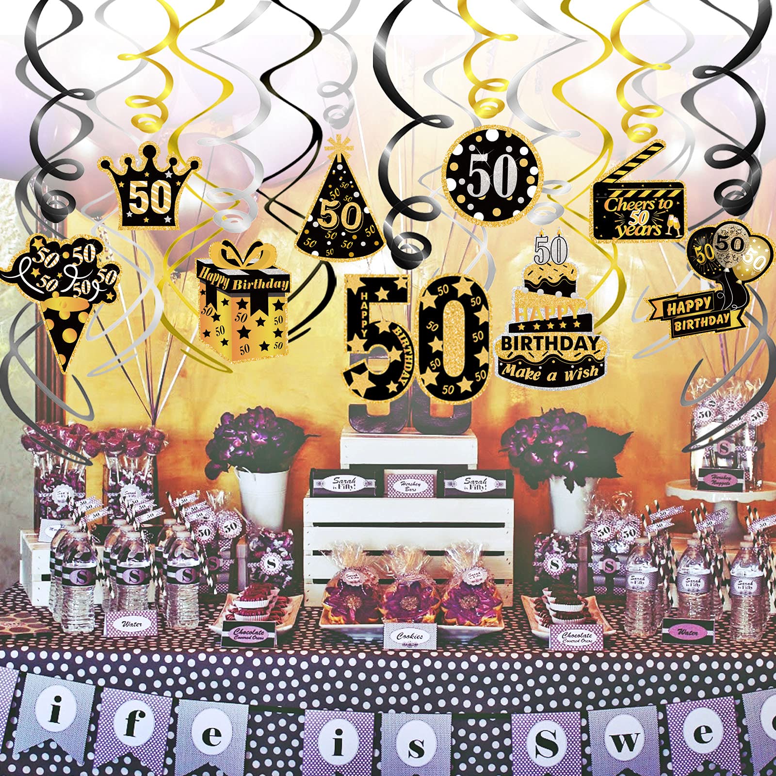 howaf-50-geburtstag-h-ngedeko-spiralen-schwarz-gold-30-st-ck image 7