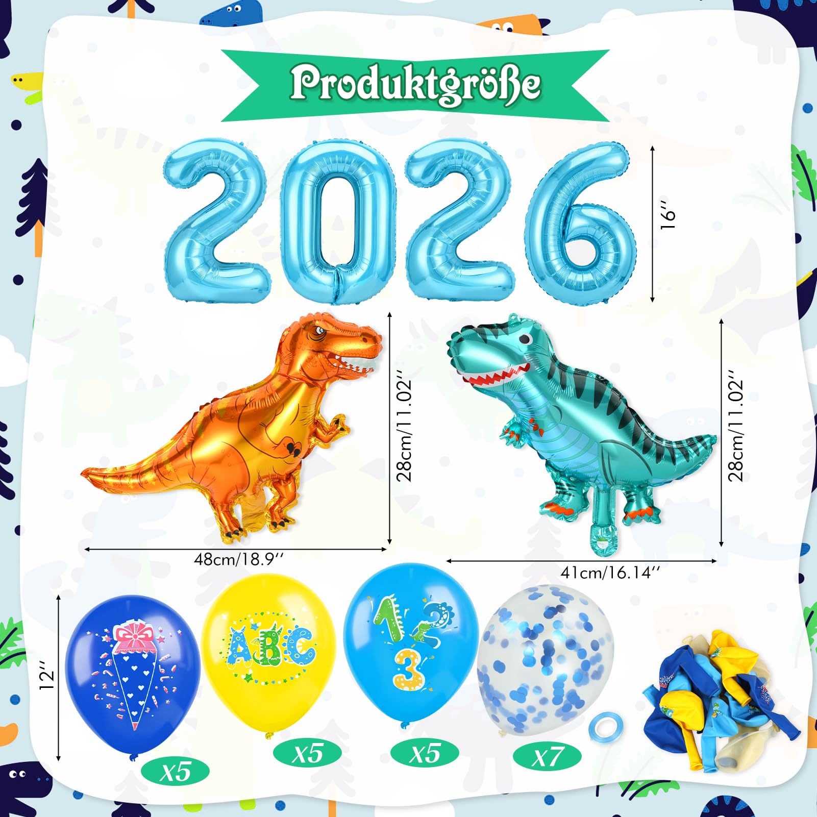 howaf-dino-einschulung-luftballons-blau-schulkind-banner-set image 3