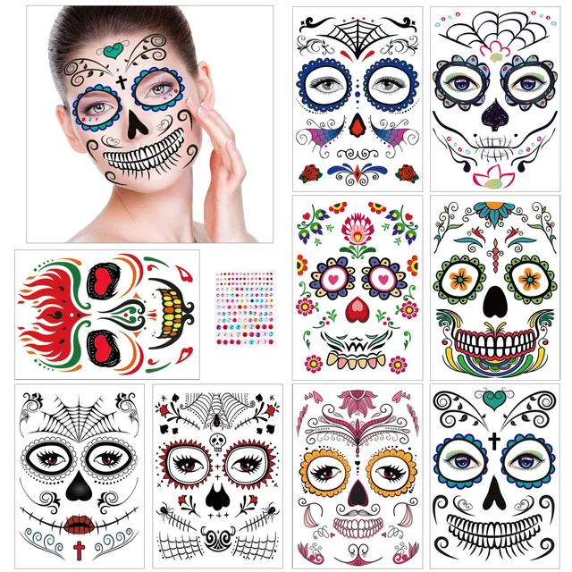 howaf-temporary-tattoos-halloween-gesicht-totenkopf-10-st-ck image 1