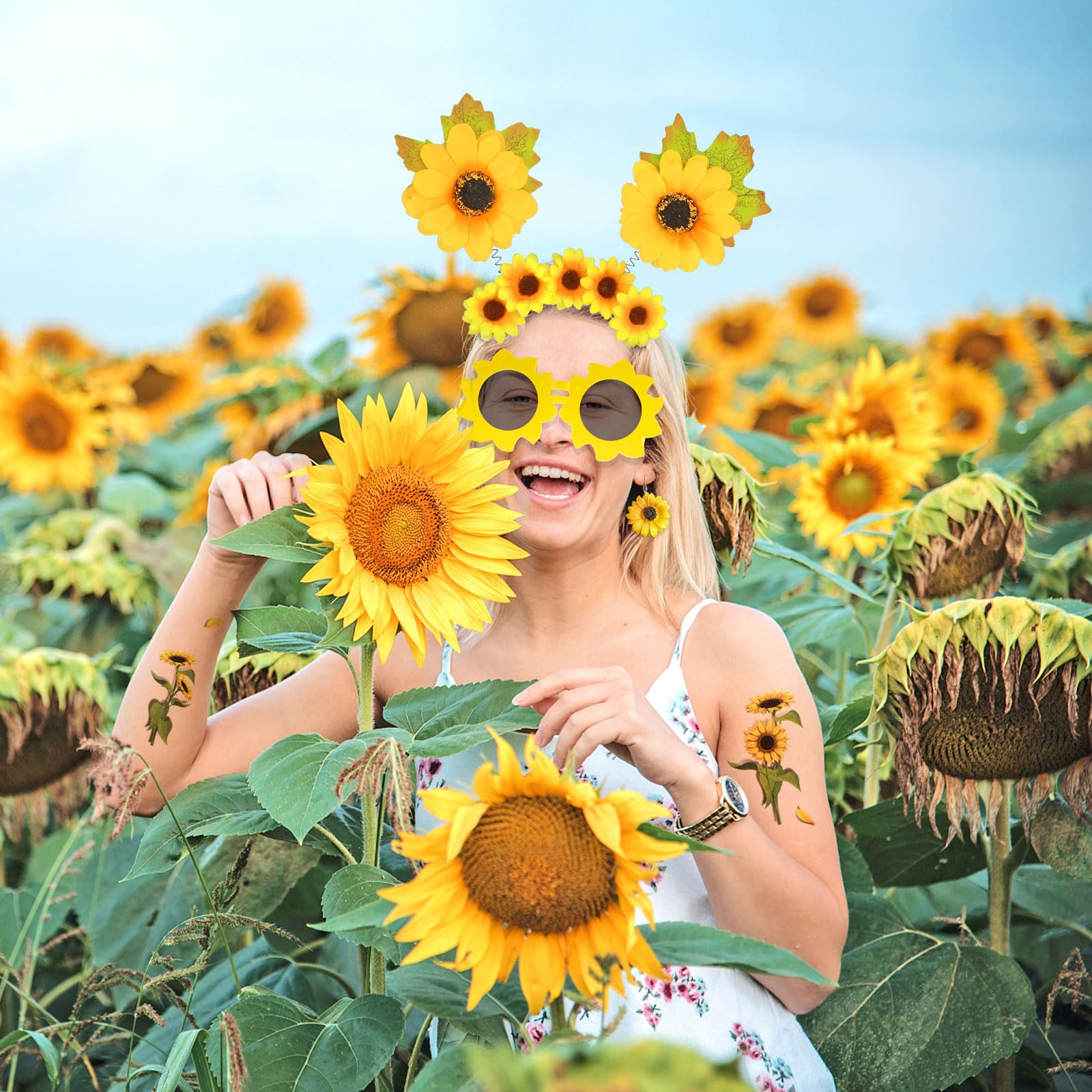 howaf-sonnenblumen-kost-m-set-damen-haarreif-brille-tattoos image 5
