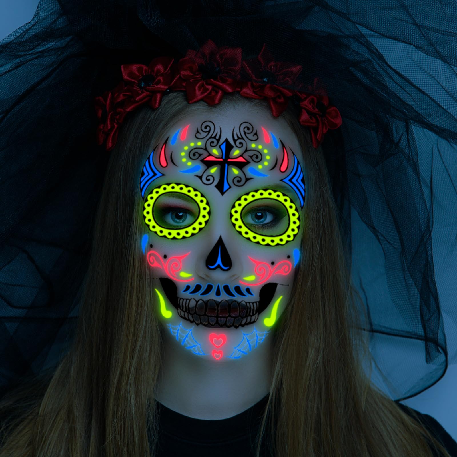 howaf-temporary-tattoos-halloween-gesicht-neon-8-blatt image 7