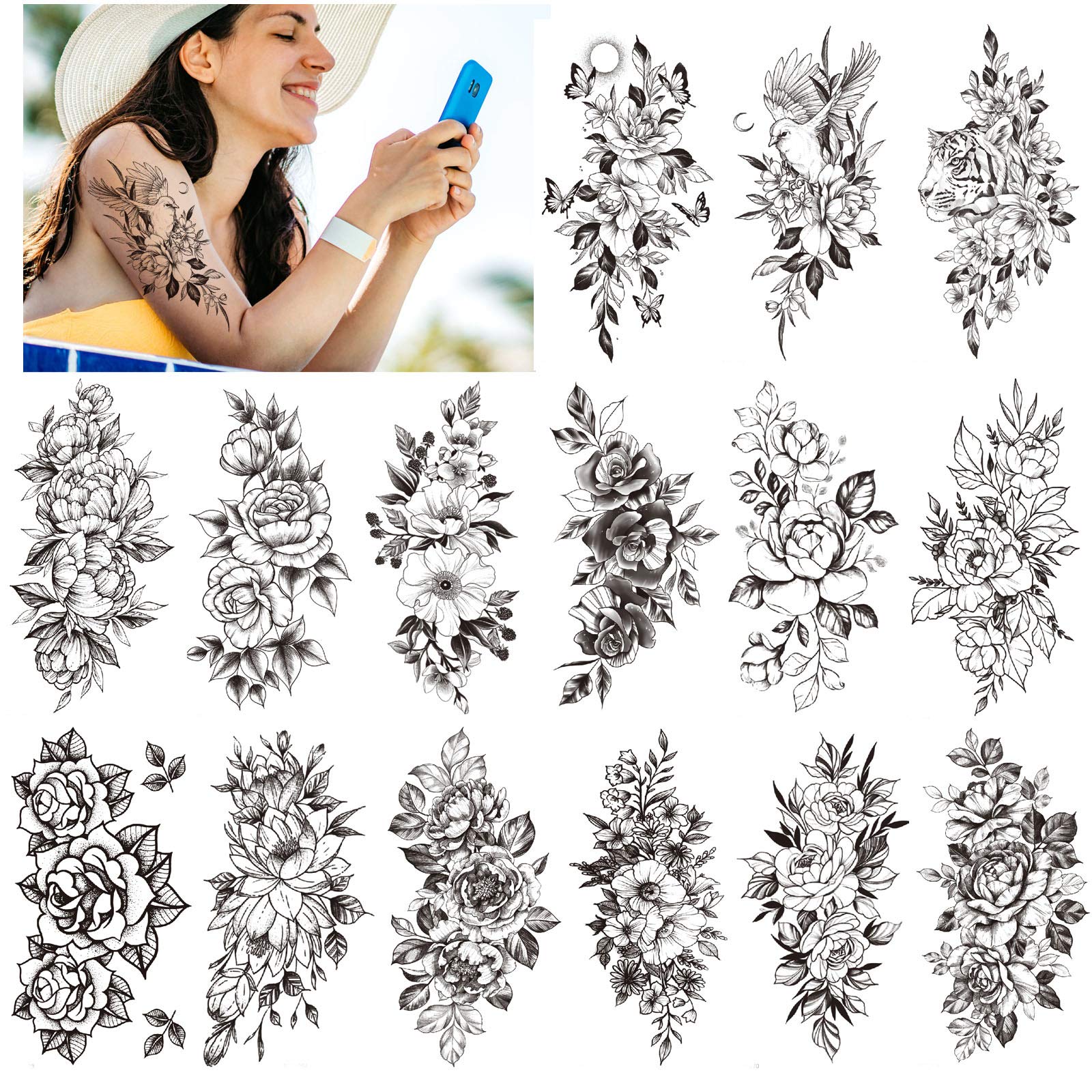howaf-tempor-re-tattoos-schwarz-rose-blume-15-bl-tter-wasserdicht image 1