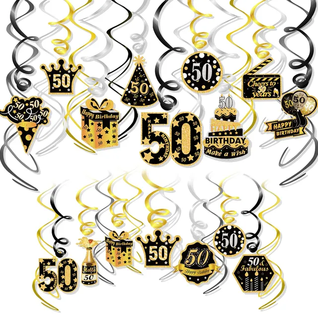 howaf-50-geburtstag-h-ngedeko-spiralen-schwarz-gold-30-st-ck image 1