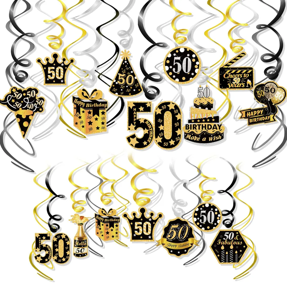 howaf-50-geburtstag-h-ngedeko-spiralen-schwarz-gold-30-st-ck image 1