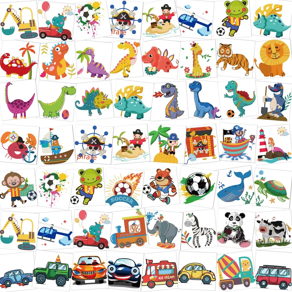 howaf-tattoo-kinder-96-st-ck-mehrfarbig-piraten-dino-fu-ball image 1