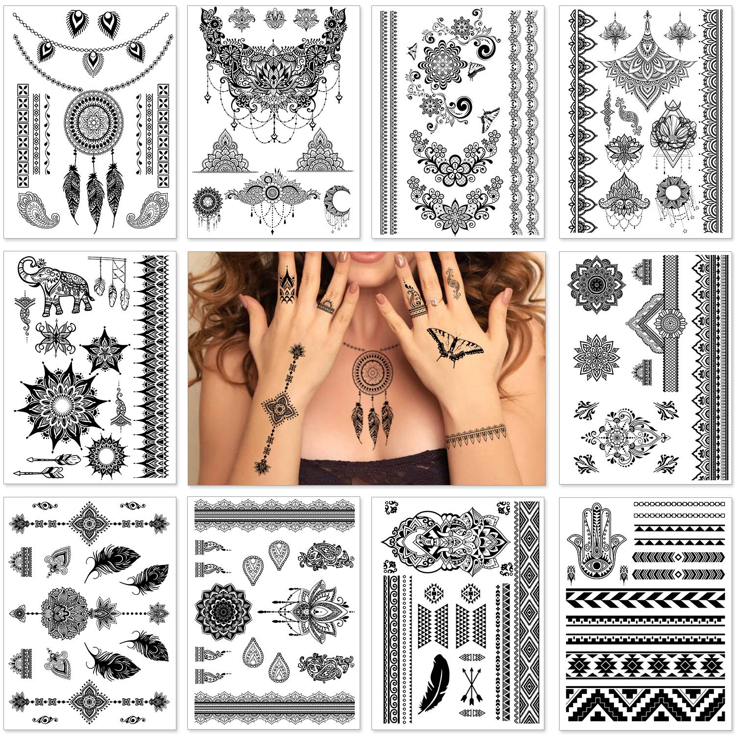 howaf-tempor-re-tattoos-schwarz-mandala-feder-10-bl-tter image 2