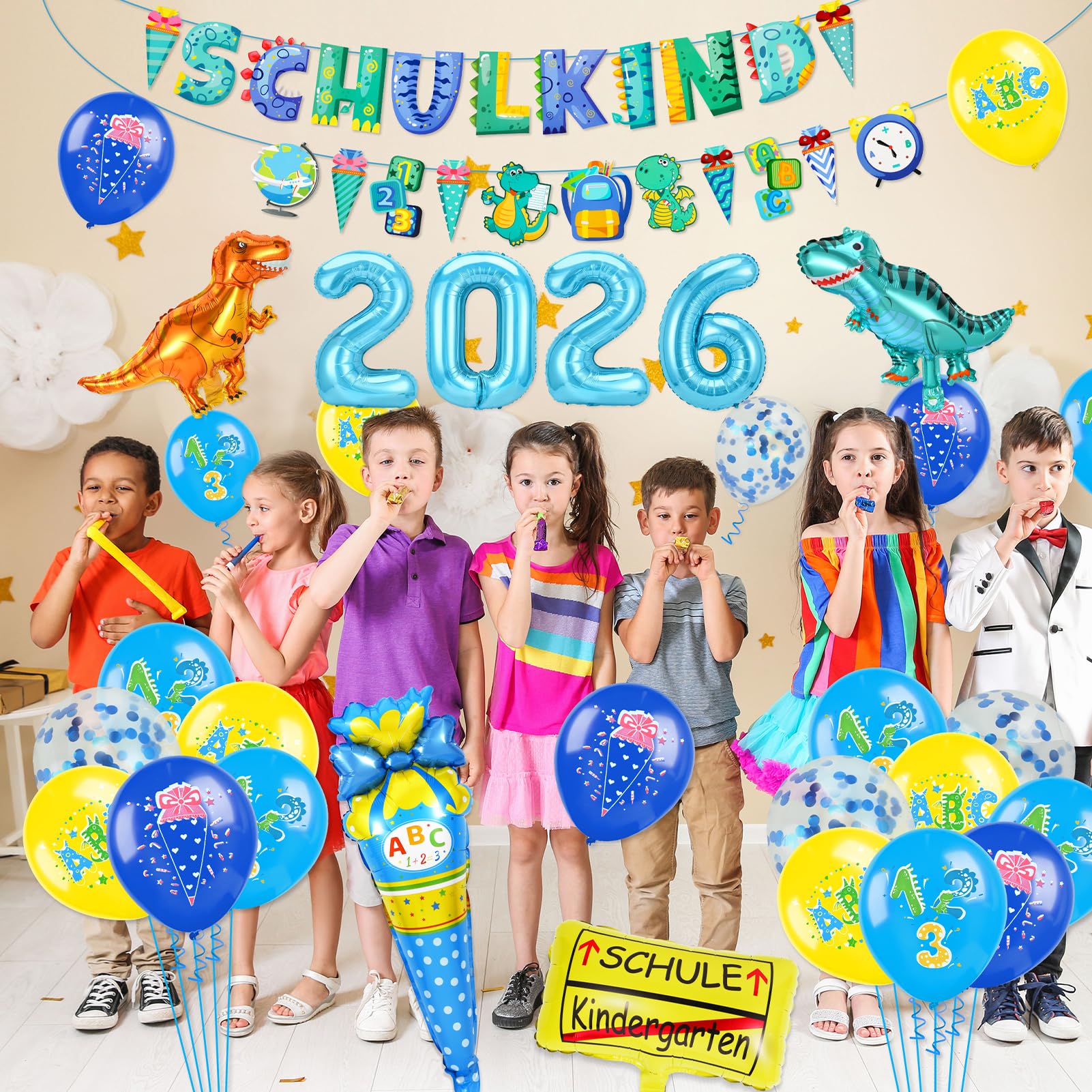 howaf-dino-einschulung-luftballons-blau-schulkind-banner-set image 4