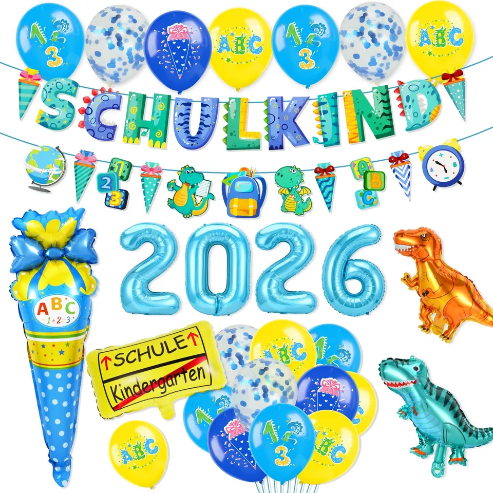 howaf-dino-einschulung-luftballons-blau-schulkind-banner-set image 1