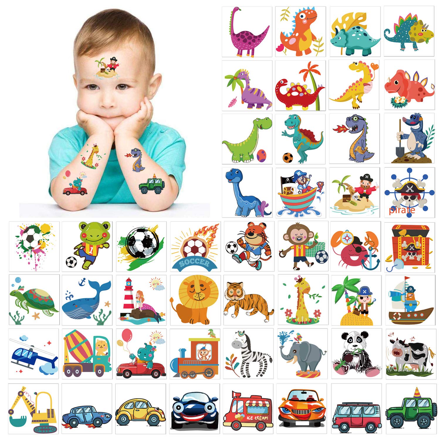 howaf-tattoo-kinder-96-st-ck-mehrfarbig-piraten-dino-fu-ball image 2
