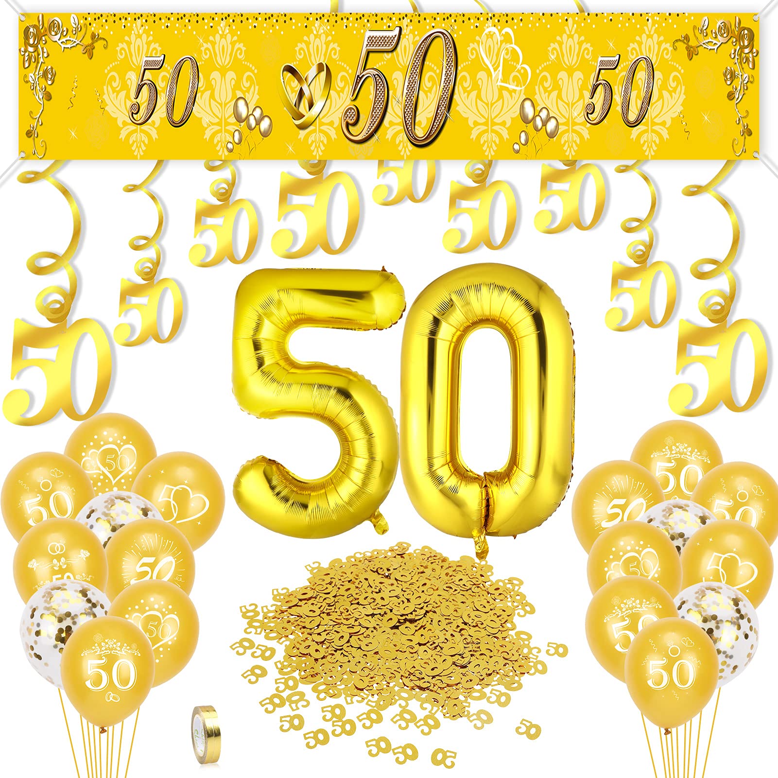 howaf-goldene-hochzeit-deko-set-gold-zahl-50-mit-ballons image 1