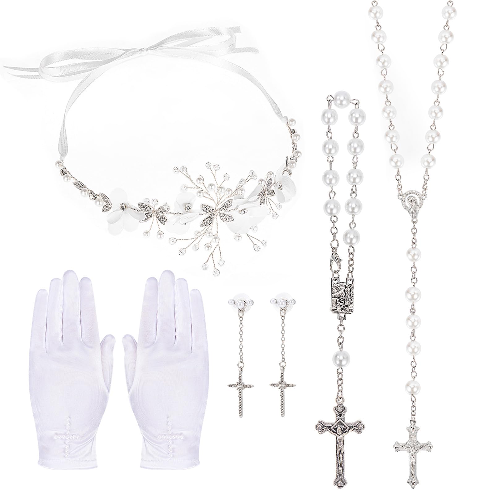 howaf-kommunion-schmuckset-haarkranz-handschuhe-5-teilig-wei-perle image 1