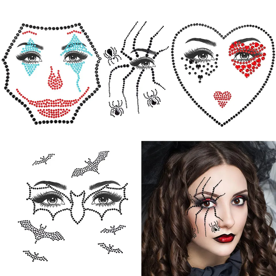 howaf-temporary-tattoos-halloween-gesicht-edelsteine-4-sets image 1